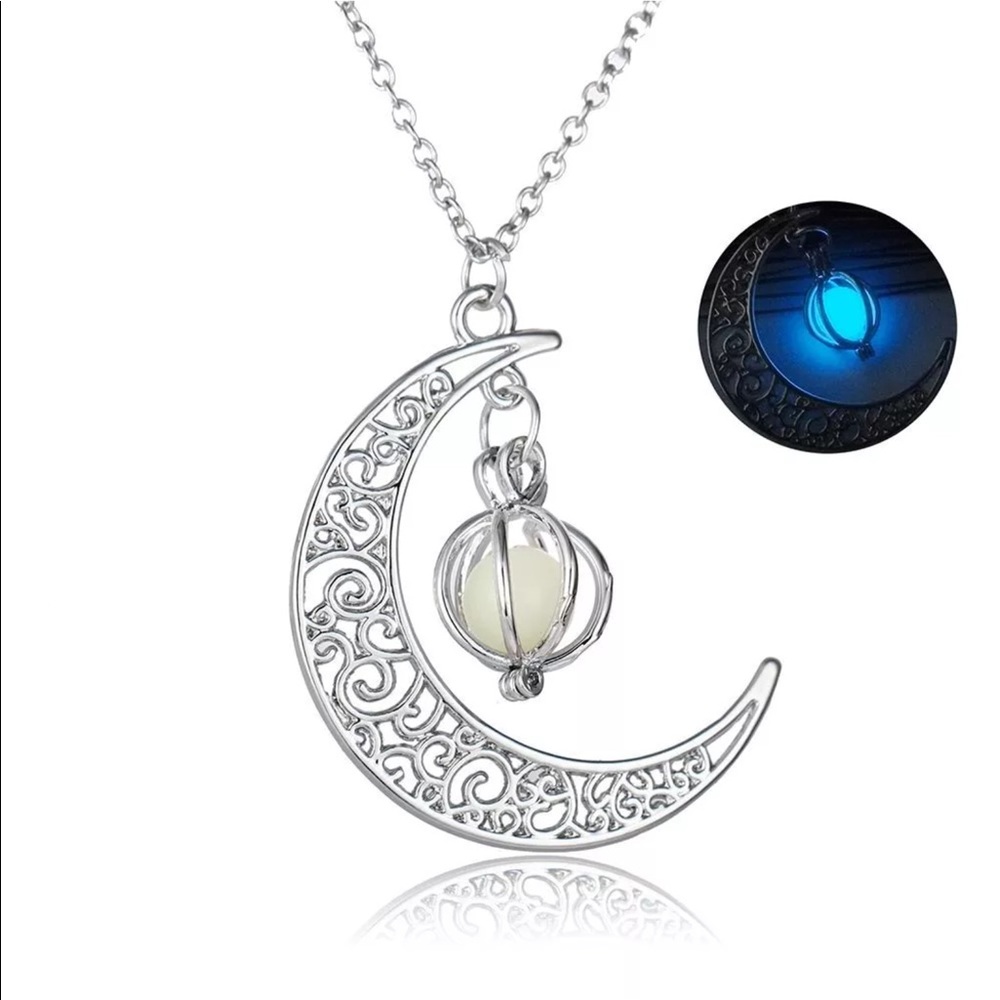 Moon necklace silver chain glow in dark pendant gift Halloween costume blue
